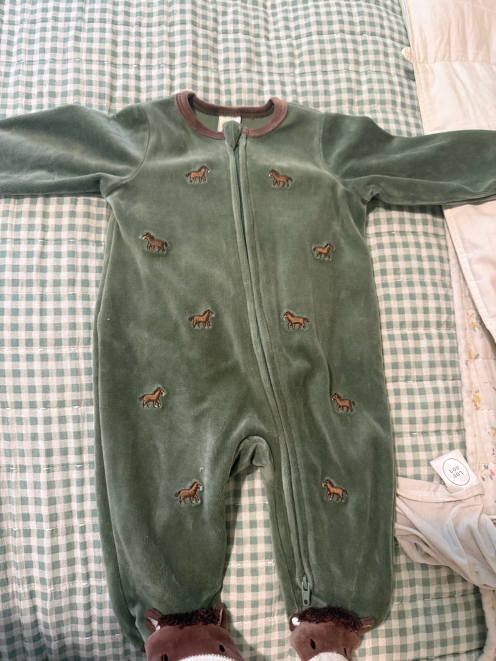 Little Me Green Baby One-Piece Zipper Romper with Horse Embroidery
